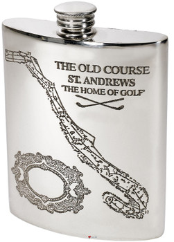 Golf Gift Pewter 6oz Hip Flask St. Andrews Old Golf Course Kidney shape With Course Details