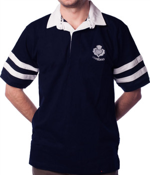 Mens Rugby Shirt Scotland 2 Stripe Short Sleeve Navy