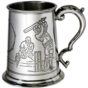 Pewter Tankard 1 Pint with Cricket Scenes on Both Sides and Antique Handle
