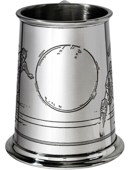 Pewter Tankard 1 Pint with Cricket Scenes on Both Sides and Antique Handle