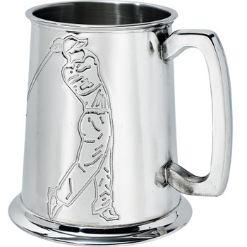 Pewter Tankard 1 Pint With Embossed Golfer Design and Squared Handle Pewter Tankard 1 Pint With Embossed Golfer Design and Squared Handle
