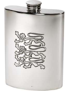 6oz Pewter Hip Flask England 3 Lions Motif, Kidney Shaped Bright Polished Finish Made in the UK