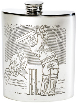 6oz Pewter Hip Flask With Cricket Scenes on Both Sides Kidney Shaped Flask Bright Polished Finish Made in the UK