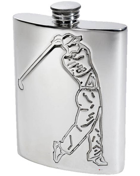 6oz Pewter Hip Flask With Golfer Driving Scene embossed on front and back Kidney Shaped Flask Bright Polished Finish Made in the UK 6oz Pewter Hip Flask With Golfer Driving Scene embossed on front and back Kidney Shaped Flask Bright Polished Finish Made in the UK