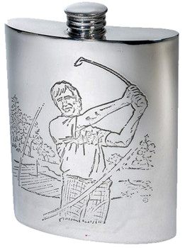 6oz Pewter Hip Flask With Golfing scene embossed on front and back Kidney Shaped Flask Bright Polished Finish Made in the UK 6oz Pewter Hip Flask With Golfing scene embossed on front and back Kidney Shaped Flask Bright Polished Finish Made in the UK