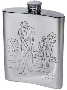 6oz Pewter Hip Flask With Golfing scene embossed on front and back Kidney Shaped Flask Bright Polished Finish Made in the UK