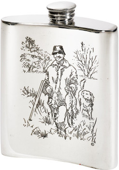 6oz Pewter Hip Flask With Shooting scene embossed on front and back Kidney Shaped Flask Bright Polished Finish Made in the UK