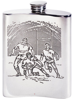 6oz Pewter Hip Flask With Rugby scene embossed on front and back Kidney Shaped Flask Bright Polished Finish Made in the UK 6oz Pewter Hip Flask With Rugby scene embossed on front and back Kidney Shaped Flask Bright Polished Finish Made in the UK