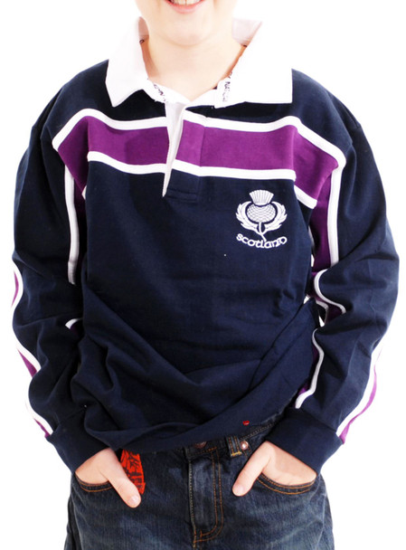 Kids Scotland Thistle Logo Rugby Shirt Purple Stripe Navy Size 9-10 years