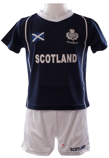 Kids Scotland Sports Kit Navy T-shirt White Shorts - 12-18months