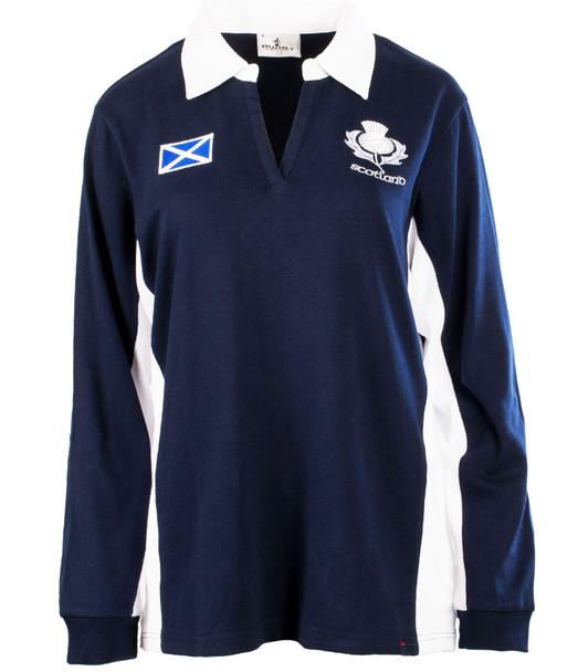 Ladies New Contrast Style Rugby Shirt Long Sleeve In Navy Size Medium