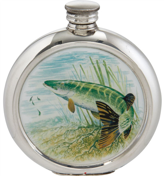 Round 6oz Pewter Flask with Full Colour Game Fish Picture Insert - Pike