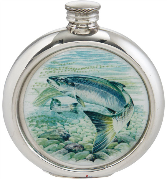 Round 6oz Pewter Flask with Full Colour Game Fish Picture Insert - Salmon