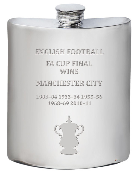 6oz Pewter Hip Flask FA Cup Total Wins Manchester City