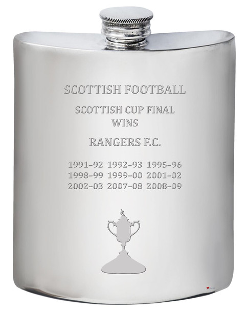 RANGERS F.C. Scottish Cup Total Wins History 6oz Pewter Hip Flask