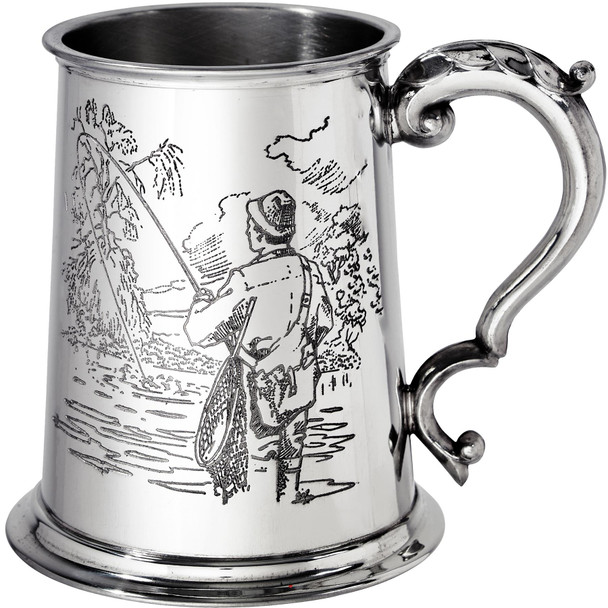 Pewter Tankard 1 Pint Fishing Scenes on Both Sides and Antique Handle