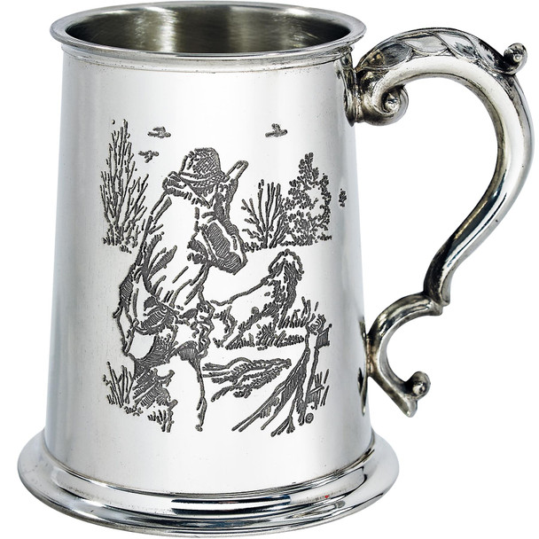 Pewter Tankard 1 Pint Shooting Scenes on Both Sides and Antique Handle