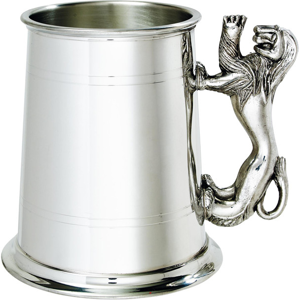Pewter Tankard 1 Pint Plain Double Lines Lion Rampant Handle High Quality Pewter