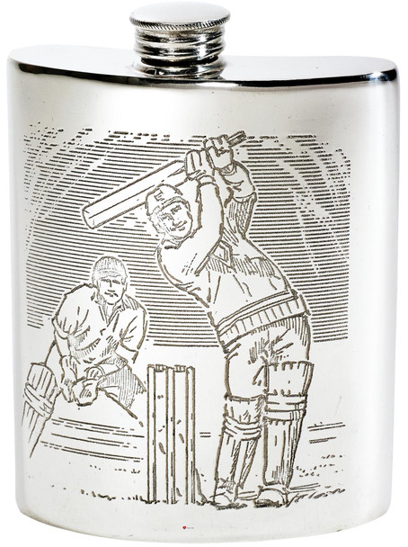 6oz Pewter Hip Flask With Cricket Scenes on Both Sides Kidney Shaped Flask Bright Polished Finish Made in the UK