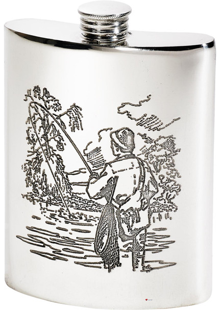 6oz Pewter Hip Flask With Fishing scene embossed on front and back Kidney Shaped Flask Bright Polished Finish Made in the UK