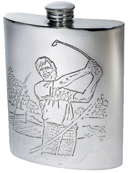 6oz Pewter Hip Flask With Golfing scene embossed on front and back Kidney Shaped Flask Bright Polished Finish Made in the UK