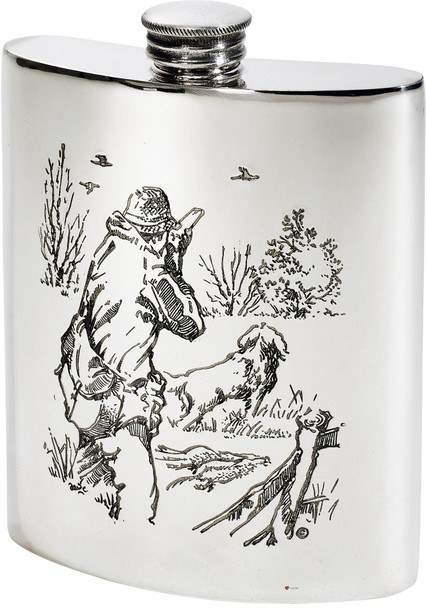 6oz Pewter Hip Flask With Shooting scene embossed on front and back Kidney Shaped Flask Bright Polished Finish Made in the UK