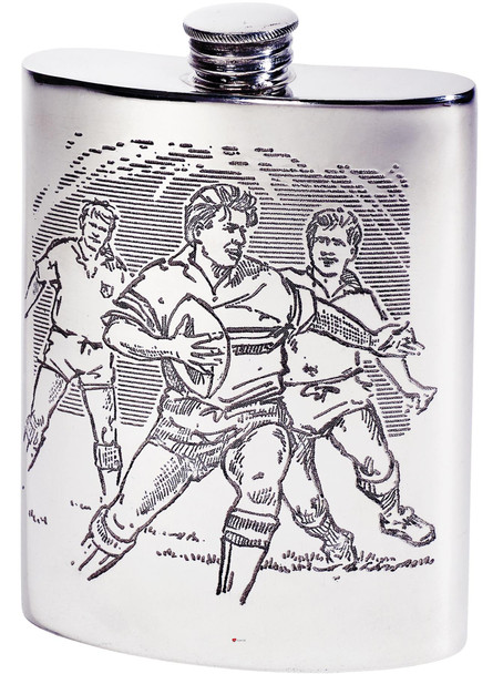 6oz Pewter Hip Flask With Rugby scene embossed on front and back Kidney Shaped Flask Bright Polished Finish Made in the UK