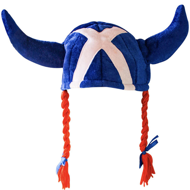 Scotland Lassie Hat with Saltire Flag Viking Horns with Red Braids Novelty Hat