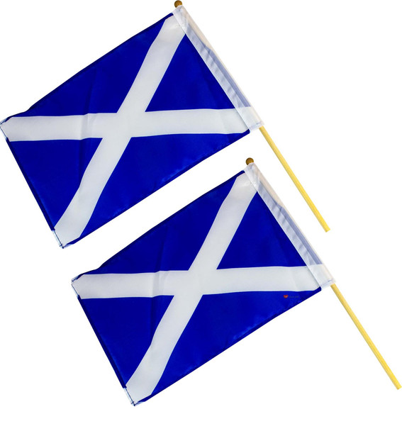 Small Hand Held Flag 9 x 6 inches Saltire Design Scottish Wooden Stick Set of 2