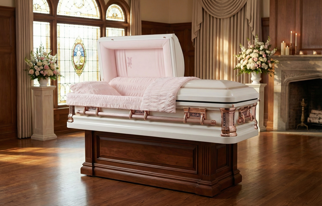 Misty Rose Metal Caskets for Sale With Pink Velvet Interior