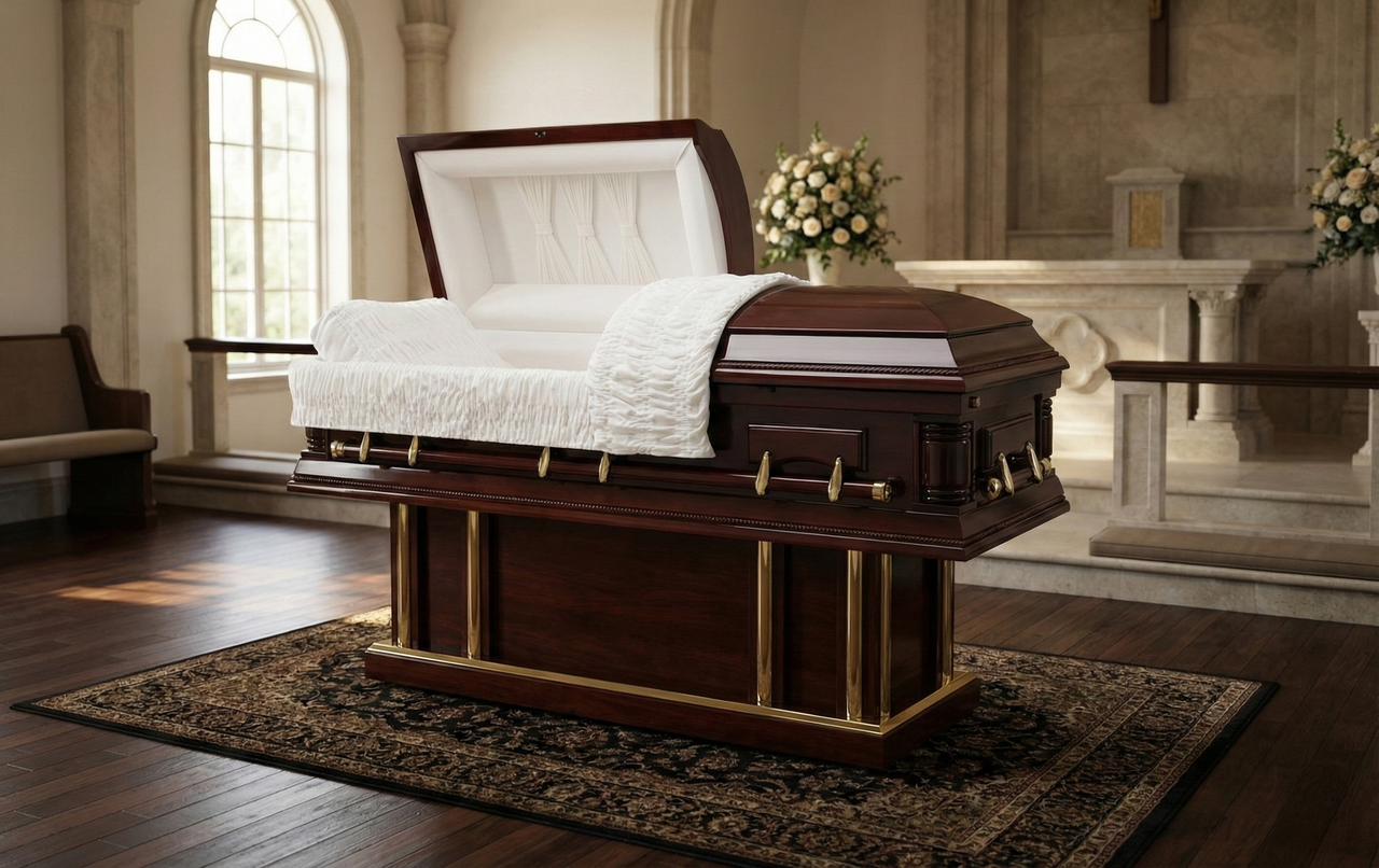 Washing Cherry Veneer Caskets for Sale with Ivory Velvet