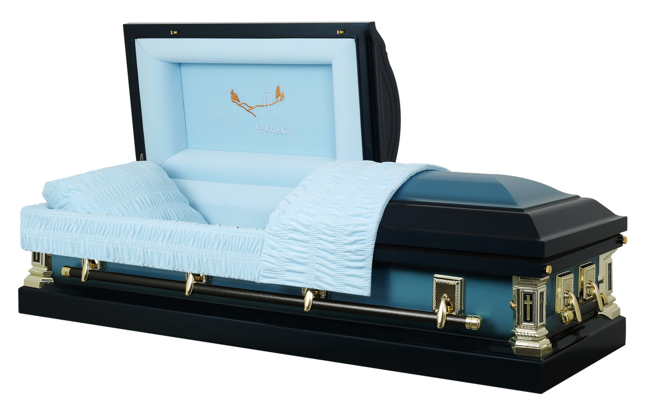 Sterling Blue Metal Casket For Sale with White Velvet Interior