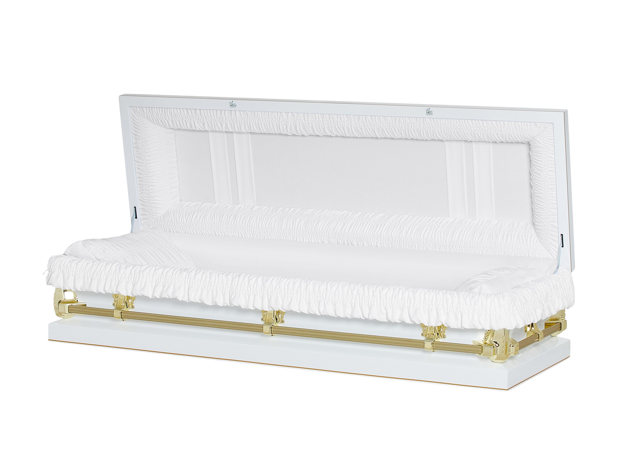 Gemini White and Gold Full Couch Metal Caskets for Sale with White