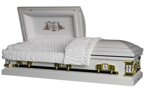 White Cross' Lords Prayer Casket with White Velvet Interior - Metal Casket