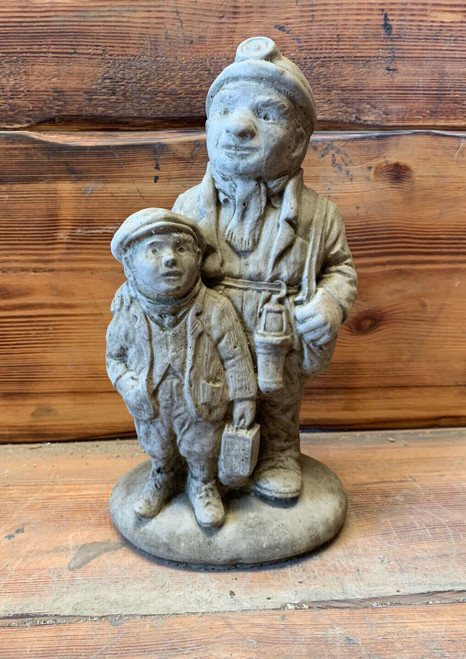 STONE GARDEN COAL MINER MAN AND BOY FIGURE VICTORIAN TRADESMAN STATUE ORNAMENT