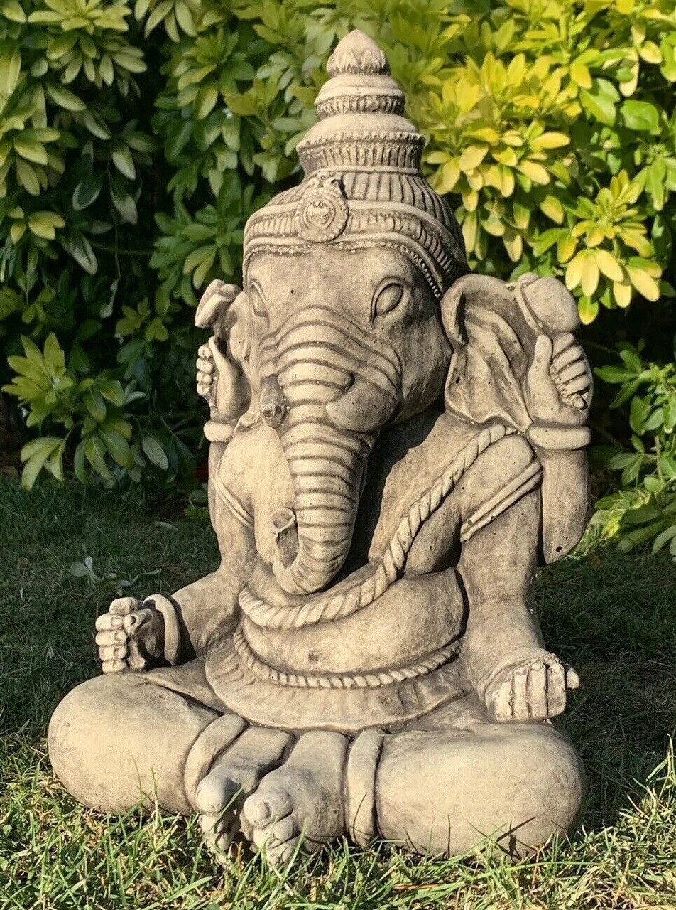 STONE GARDEN LARGE GANESH BUDDHA ELEPHANT PRAYING STATUE ORNAMENT