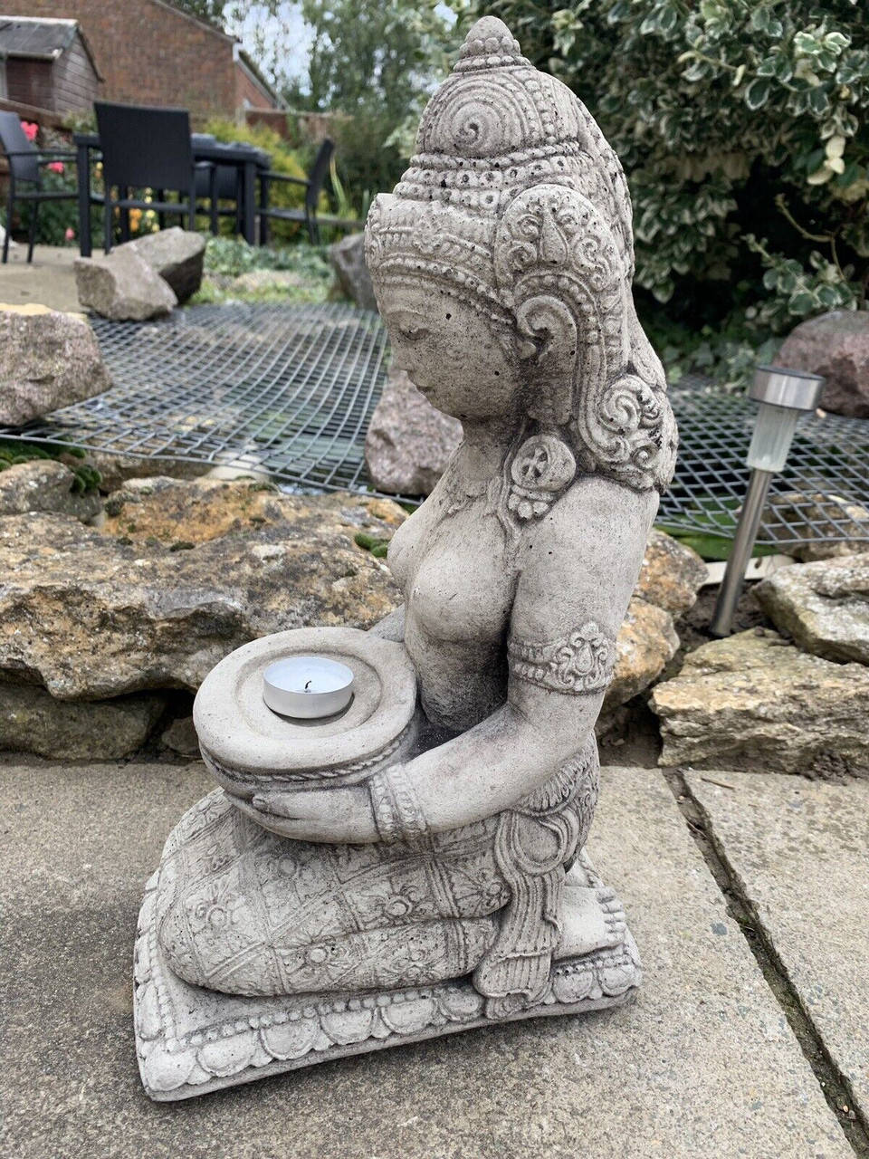 STONE GARDEN PRAYING GEISHA BUDDHA GIRL CANDLE HOLDER STATUE ORNAMENT