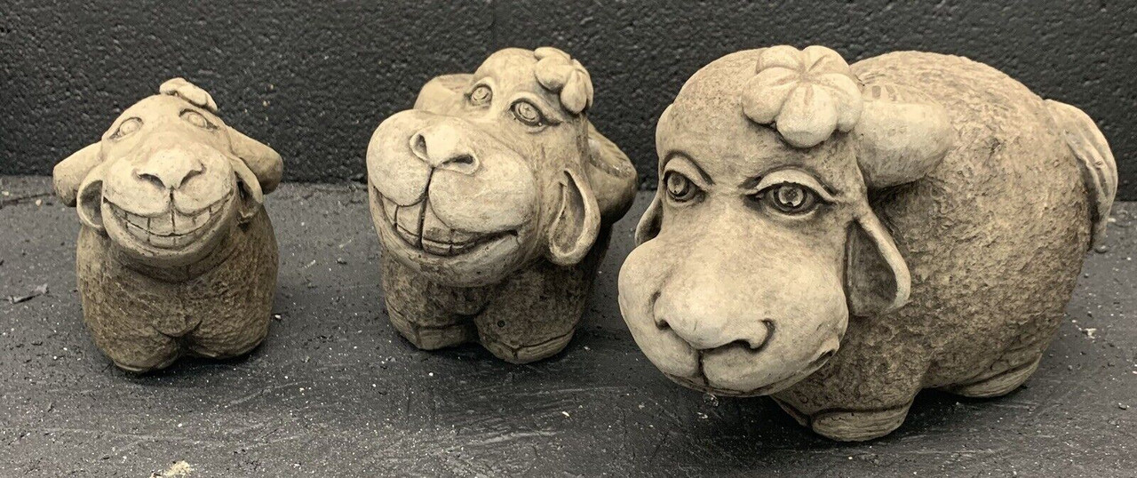 STONE GARDEN SET OF 3 DETAILED SMILING SHEEP ORNAMENTS 