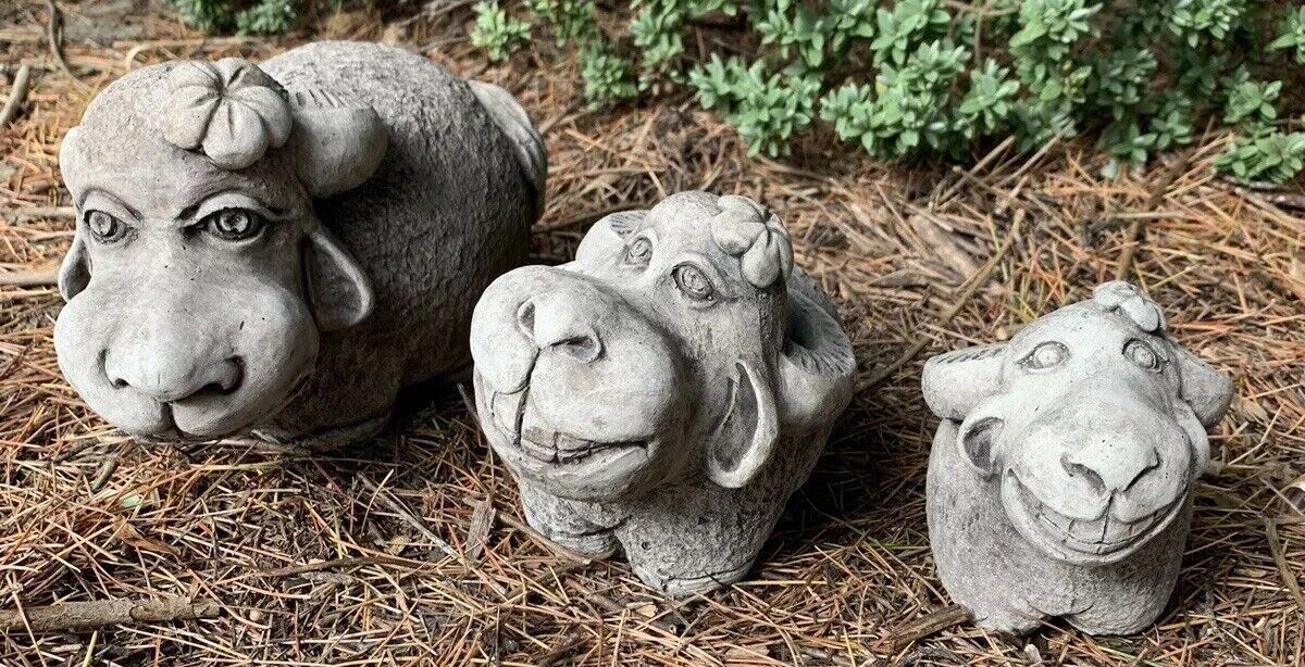 STONE GARDEN SET OF 3 DETAILED SMILING SHEEP ORNAMENTS 