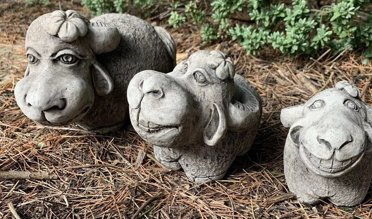 STONE GARDEN SET OF 3 DETAILED SMILING SHEEP ORNAMENTS 