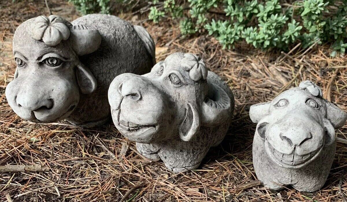 STONE GARDEN SET OF 3 DETAILED SMILING SHEEP ORNAMENTS 