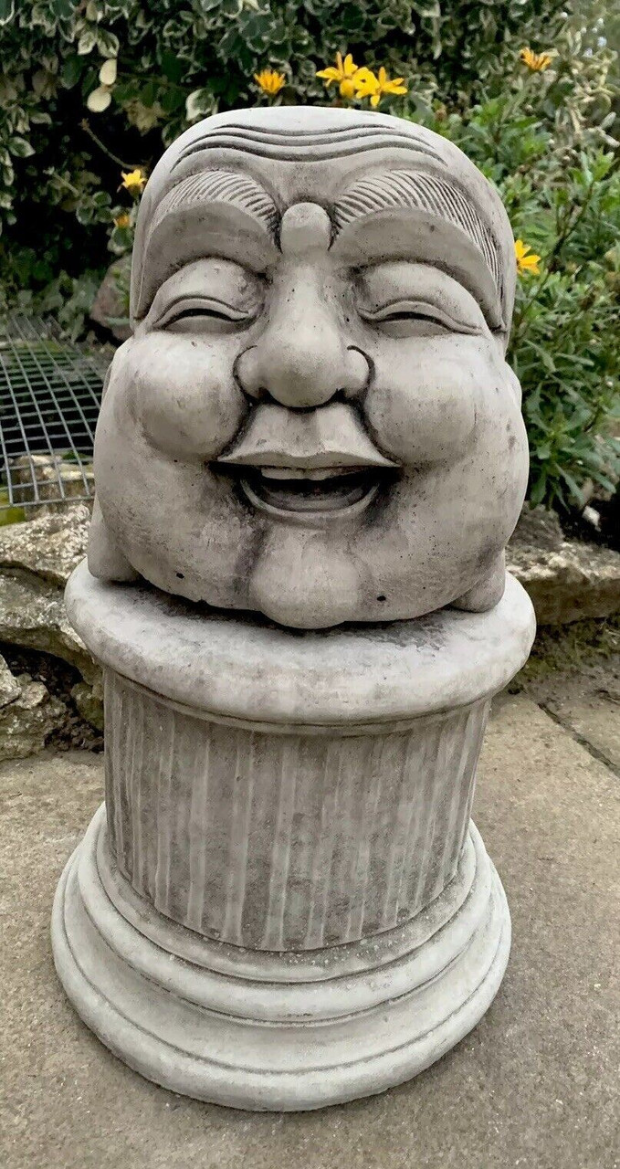 STONE GARDEN HAPPY SMILING BUDDHA HEAD STATUE WITH PLINTH DETAILED ORNAMENT GIFT