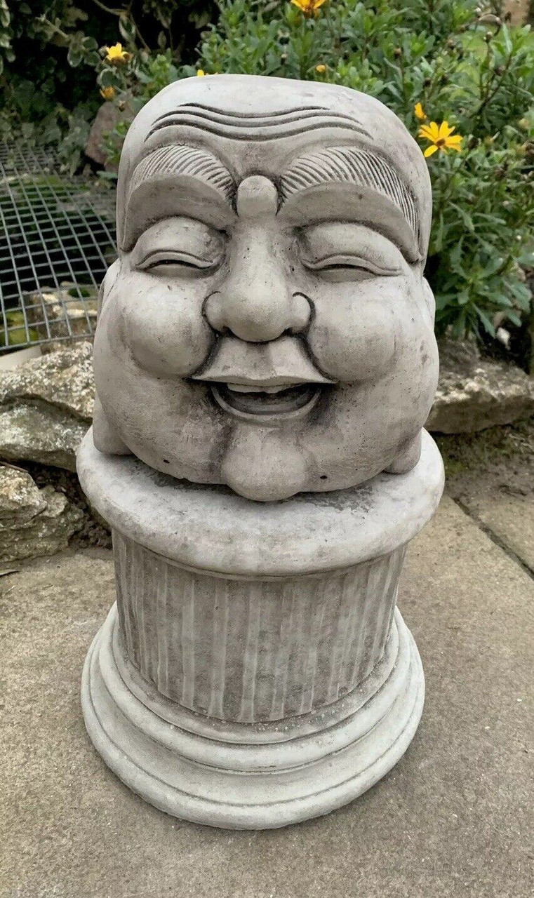 STONE GARDEN HAPPY SMILING BUDDHA HEAD STATUE WITH PLINTH DETAILED ORNAMENT GIFT