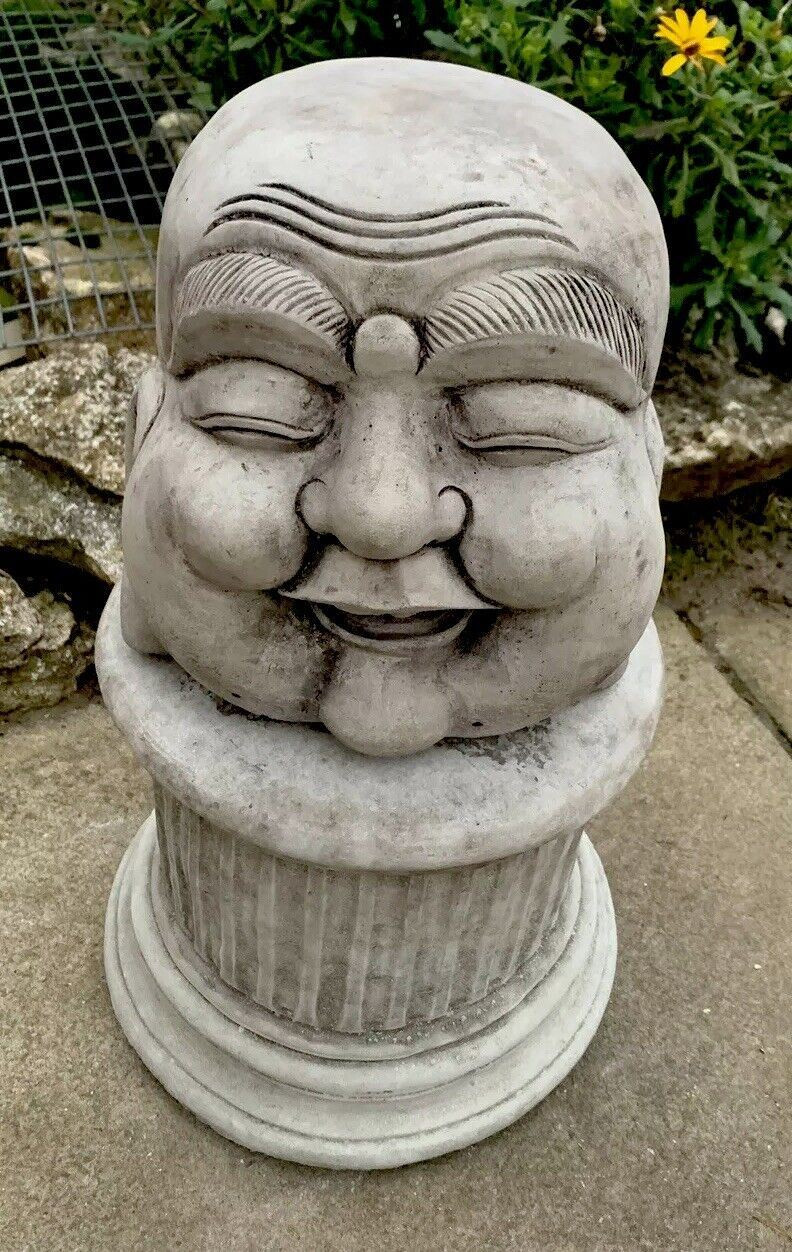 STONE GARDEN HAPPY SMILING BUDDHA HEAD STATUE WITH PLINTH DETAILED ORNAMENT GIFT