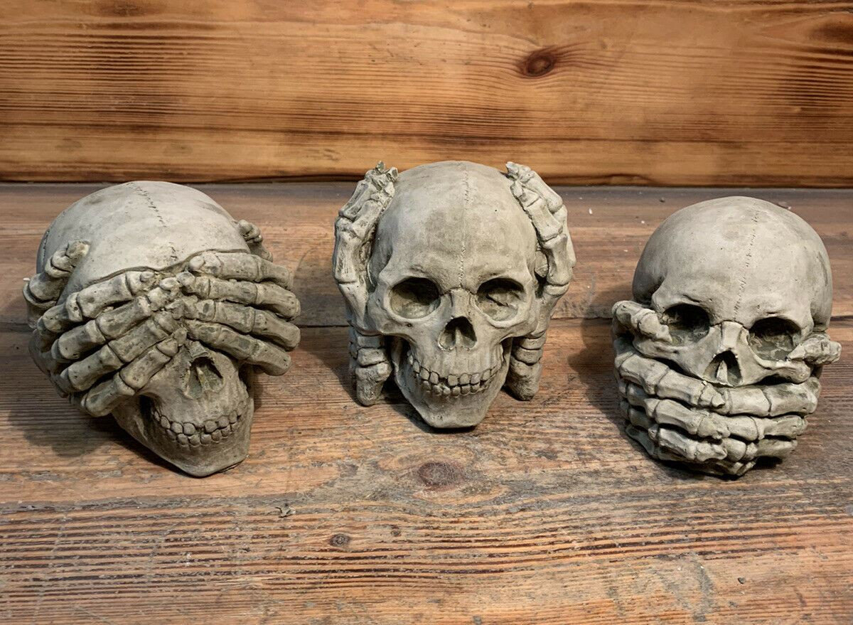 STONE GARDEN SEE HEAR SPEAK NO EVIL GOTHIC DETAILED SKULL ORNAMENT 