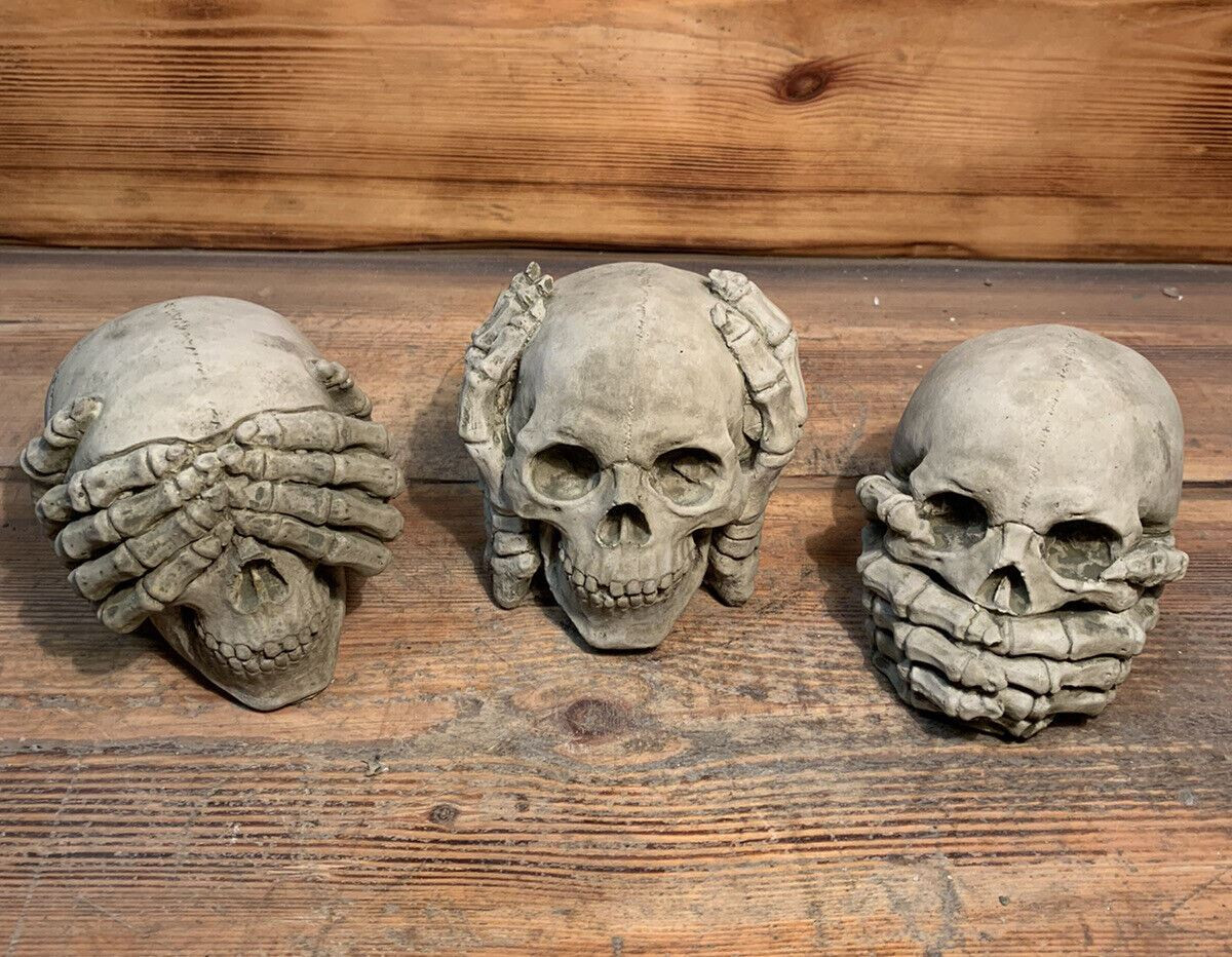 STONE GARDEN SEE HEAR SPEAK NO EVIL GOTHIC DETAILED SKULL ORNAMENT 