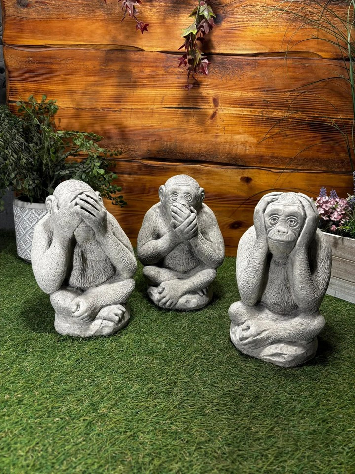 STONE GARDEN SET OF 3 MONKEY CHIMPS SEE HEAR SPEAK NO EVIL ORNAMENTS