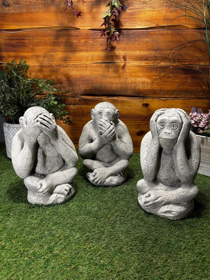 STONE GARDEN SET OF 3 MONKEY CHIMPS SEE HEAR SPEAK NO EVIL ORNAMENTS