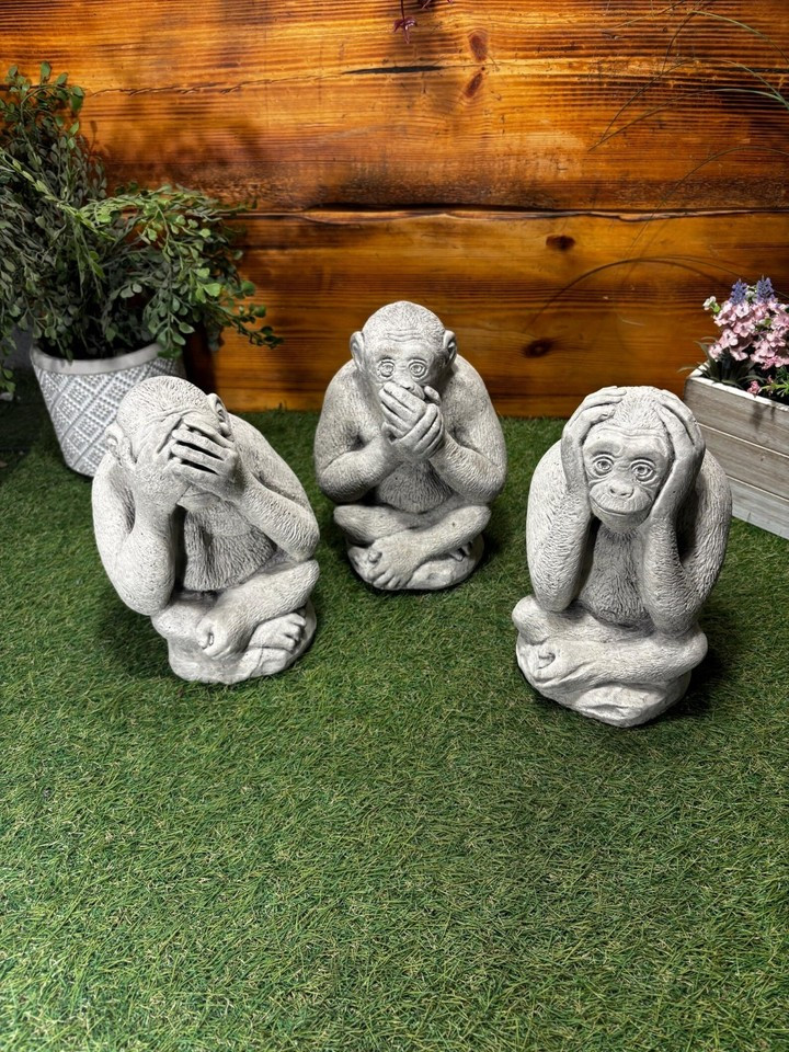 STONE GARDEN SET OF 3 MONKEY CHIMPS SEE HEAR SPEAK NO EVIL ORNAMENTS