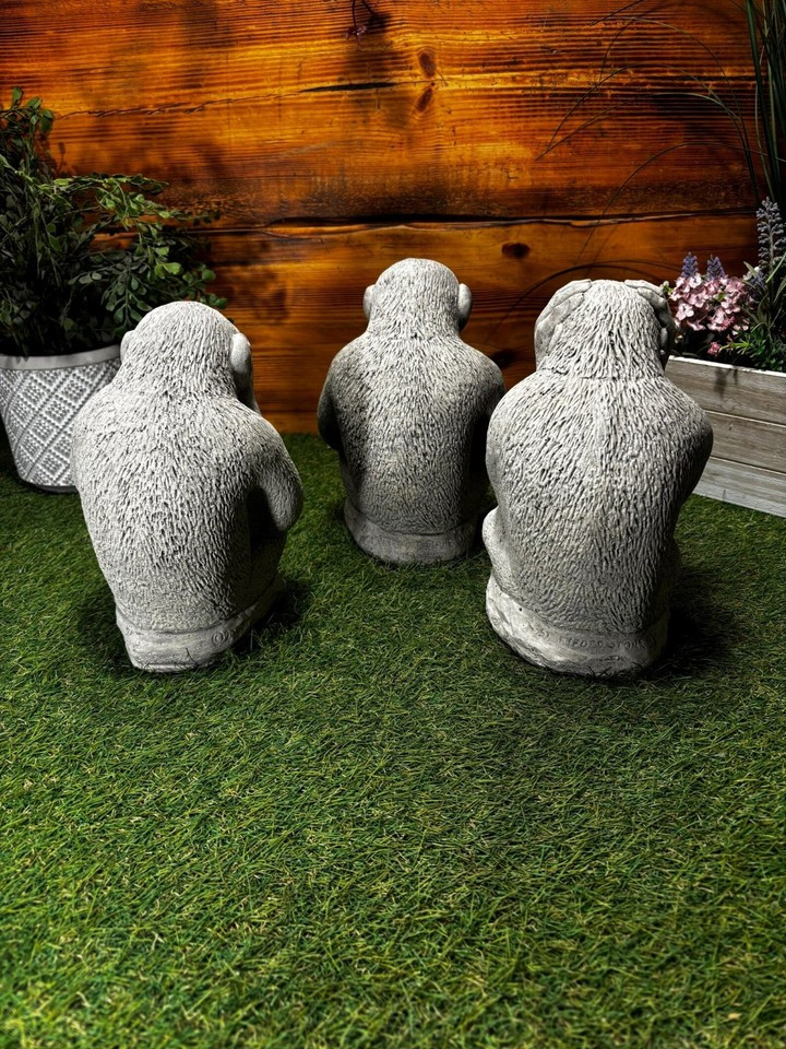 STONE GARDEN SET OF 3 MONKEY CHIMPS SEE HEAR SPEAK NO EVIL ORNAMENTS